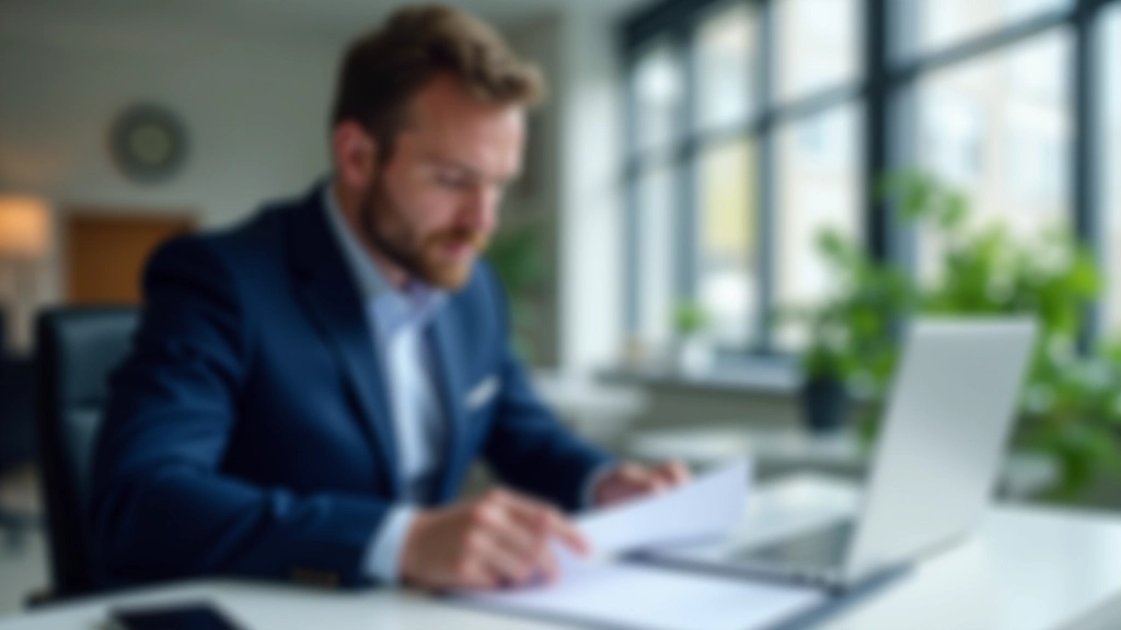 Professional banker or financial advisor working at modern office desk with documents and laptop