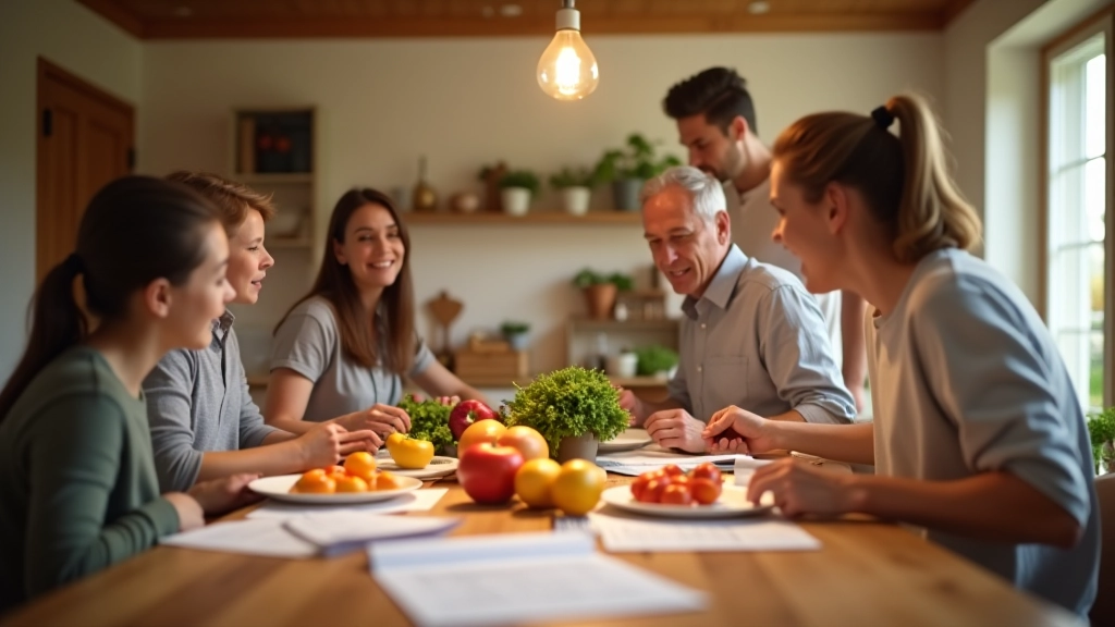 Diverse family around dinner table with groceries and meal planning documents