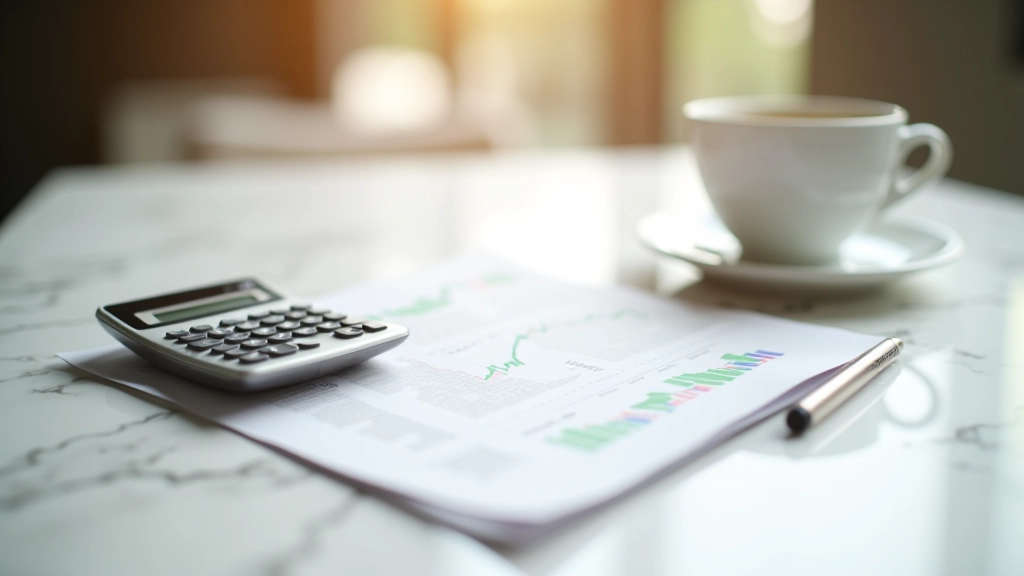 Financial data and statistics displayed on modern workspace with charts and analysis papers
